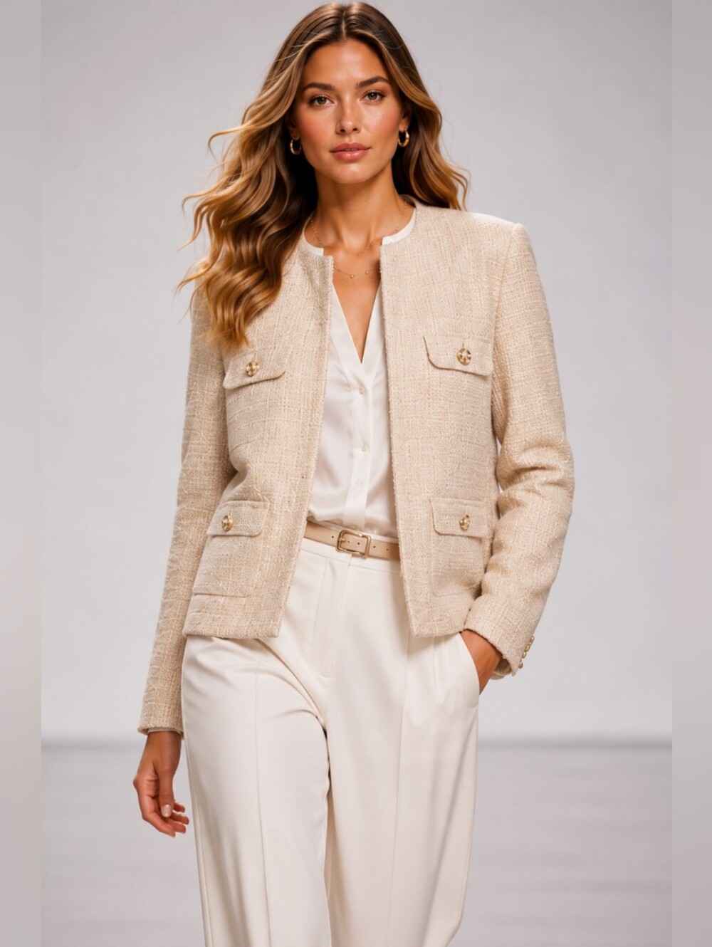 Anne Klein Tweed Jacket NWT Cream Beige Gold Button Blazer Size Medium